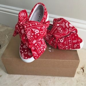 JOSHUA SANDERS Wool Felt Sneakers with large tied bow Size 8 red bandana print